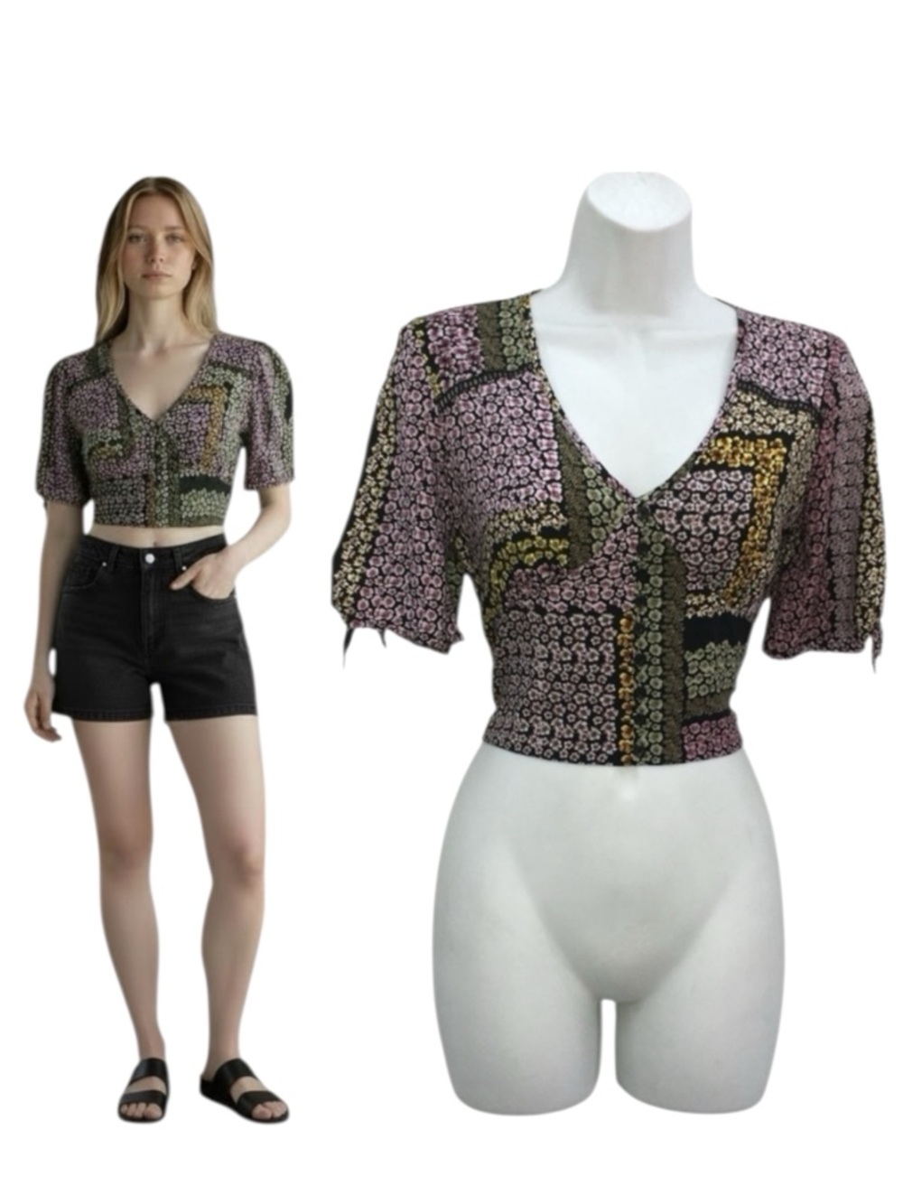 Band of Gypsies Floral Multi Color Print Boho Button Front Crop Top Women’s XS